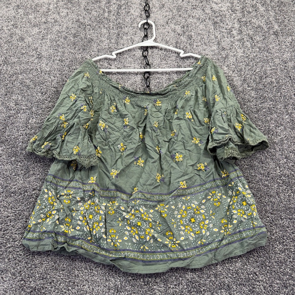 Maurices Blouse Womens Medium Green Floral Off The Shoulder Smocked Ruffle Rayon